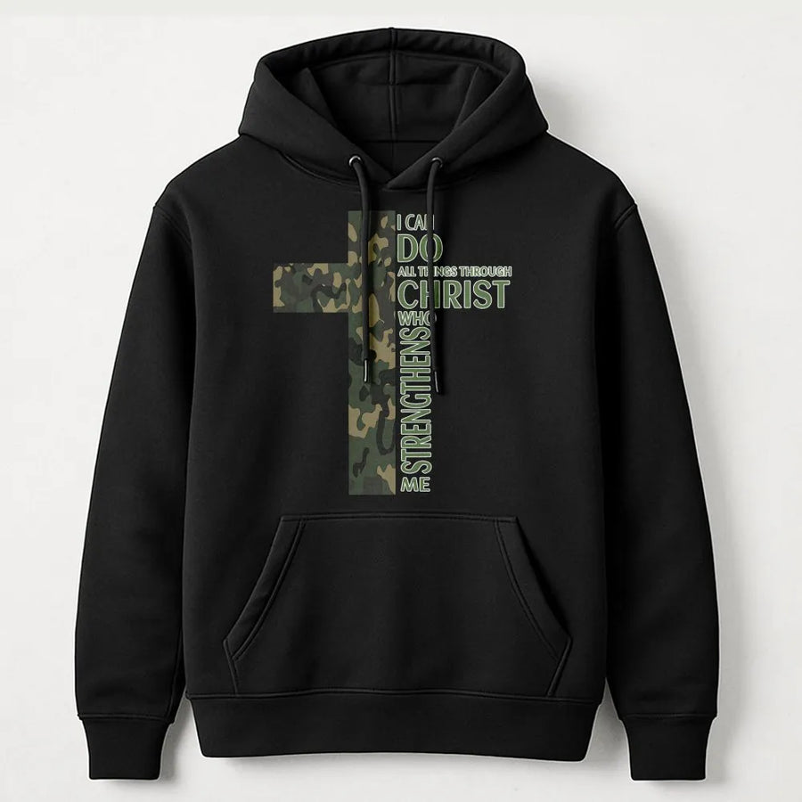 Camo Cross Hoodie | I Can Do All Things Through Christ Bible Verse | Premium Cotton-Blend Religious Apparel | Faith-Based Christian Gift for Men & Women