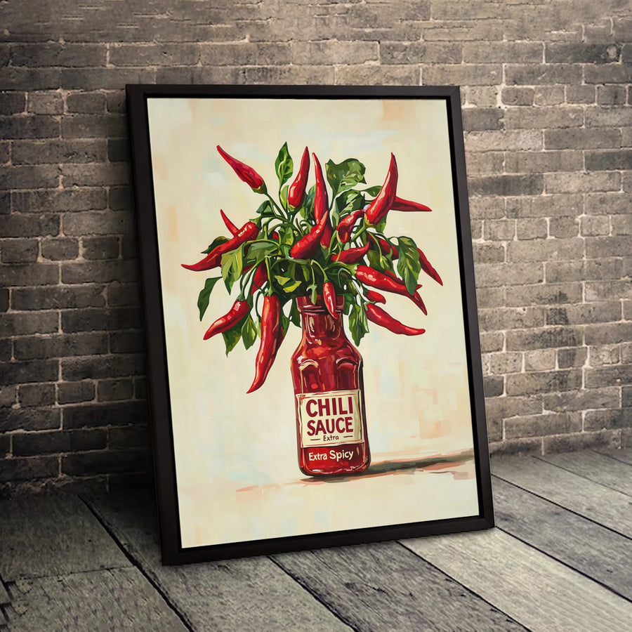 Chili Sauce Bottle Wall Art | Red Pepper Floral Bouquet Print | Gallery-Quality 1.25 Inch Thick Canvas | Kitchen Decor Gift for Foodies