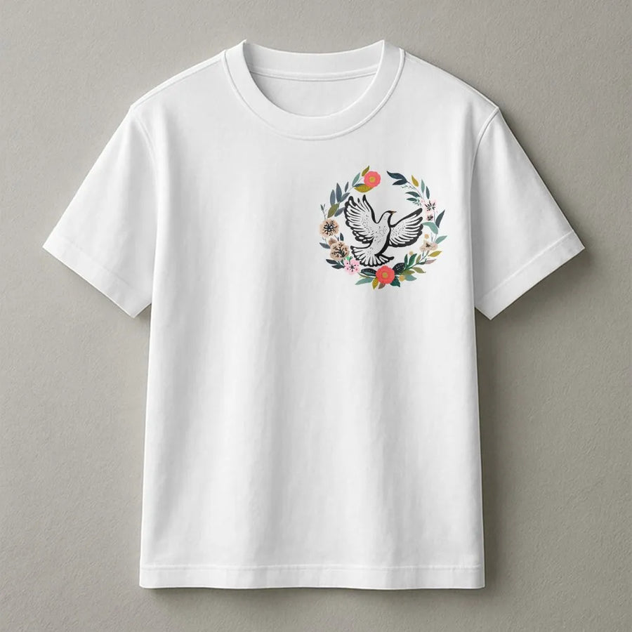 Peace Dove T-Shirt | Floral Wreath Botanical Print | Soft Cotton Blend Unisex Crewneck | Premium Spiritual Gift for Nature Lovers