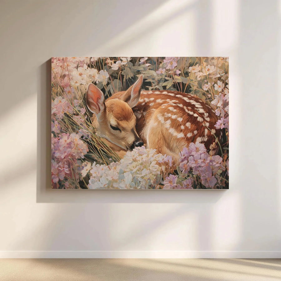 Sleeping Baby Fawn Wall Art | Forest Animal Nursery Painting | Premium Gallery Wrapped Canvas | Woodland Decor Gift for Nature Lovers