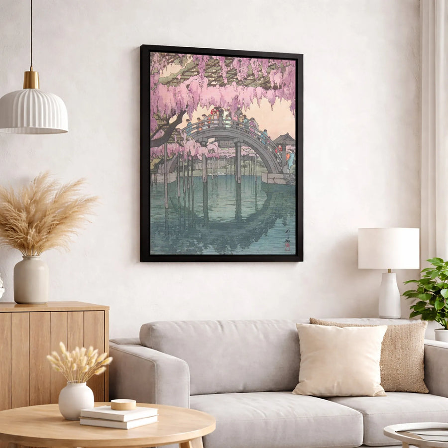 Japanese Wisteria Canvas Wall Art | Ukiyo-e Kameido Shrine Print | Gallery Quality Framed Decor | Traditional Asian Home Decor Gift
