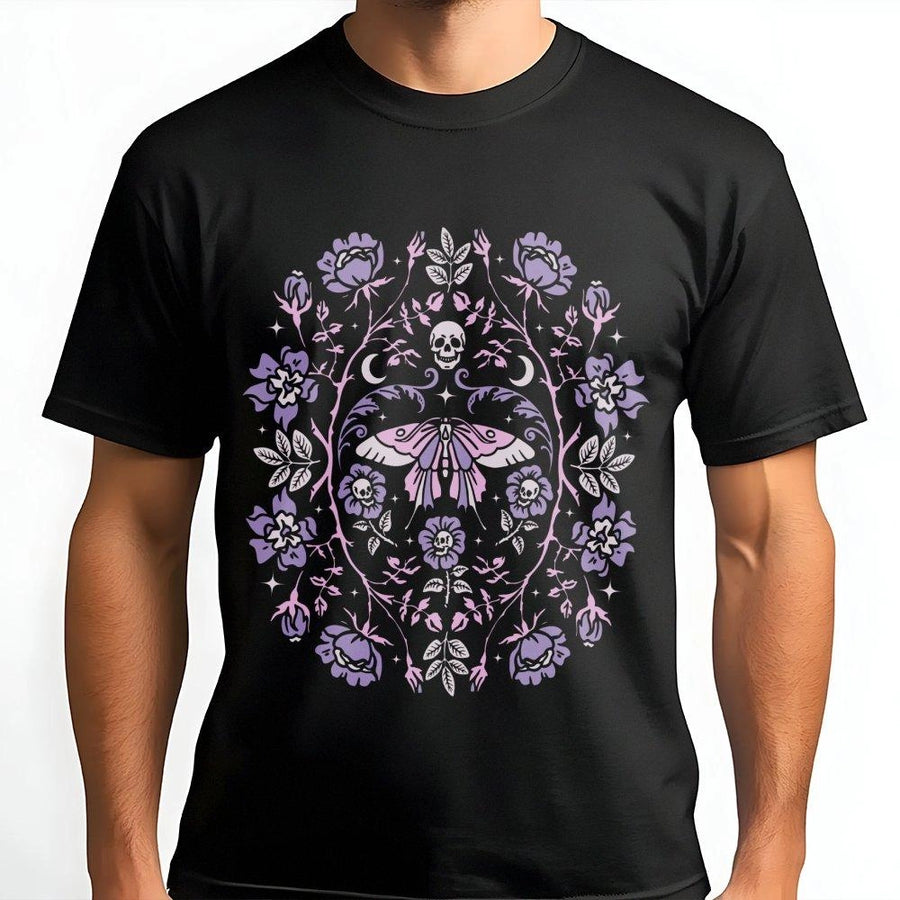 Gothic Moth T-Shirt | Floral Skull Botanical Graphic | 100% Soft Cotton Premium Tee | Creepy Cute Pastel Goth Gift For Women