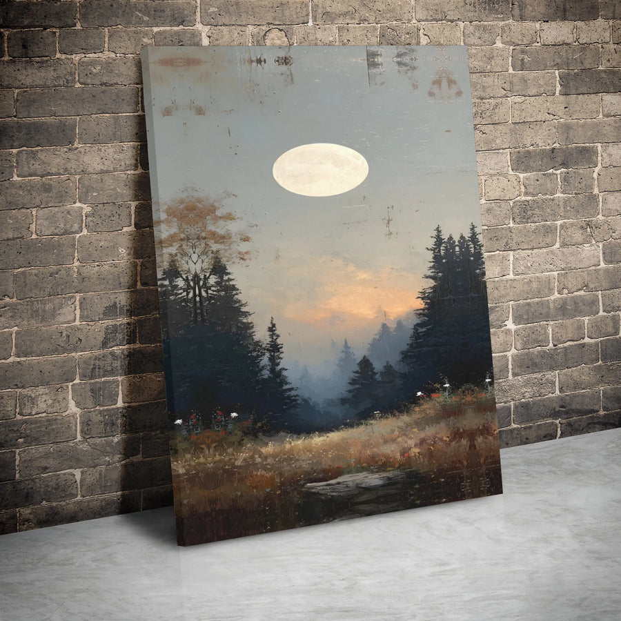 Misty Forest Landscape Canvas | Full Moon Forest Meadow Wall Art | Gallery Wrapped Premium Print | Nature Inspired Home Decor Gift