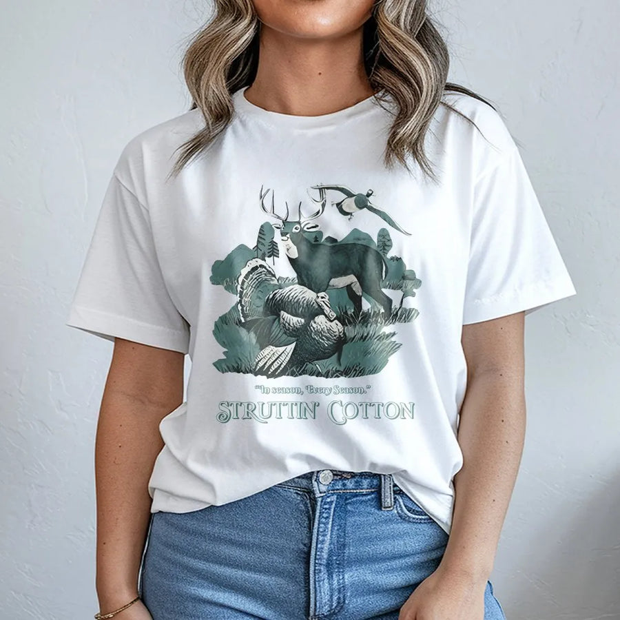Hunting T-Shirt | Deer Turkey Wildlife Graphic | 100% Soft Cotton Premium Tee | Outdoorsman Gift For Hunter Men And Women