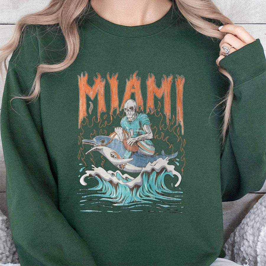 Miami With Skeleton Riding A Dolphin In A Football Jersey Sweatshirt