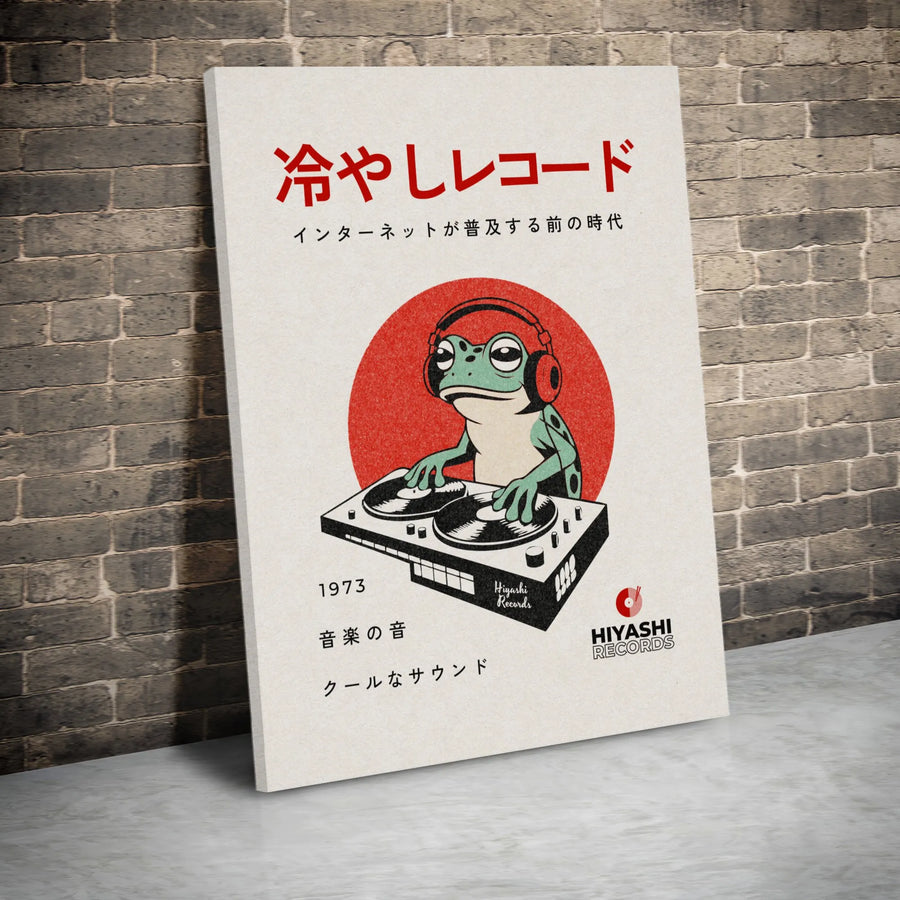 Japanese DJ Frog Wall Art | Retro Turntable Vinyl Record Print | Premium Gallery Wrapped Canvas | Aesthetic Music Room Decor Gift for Audiophiles