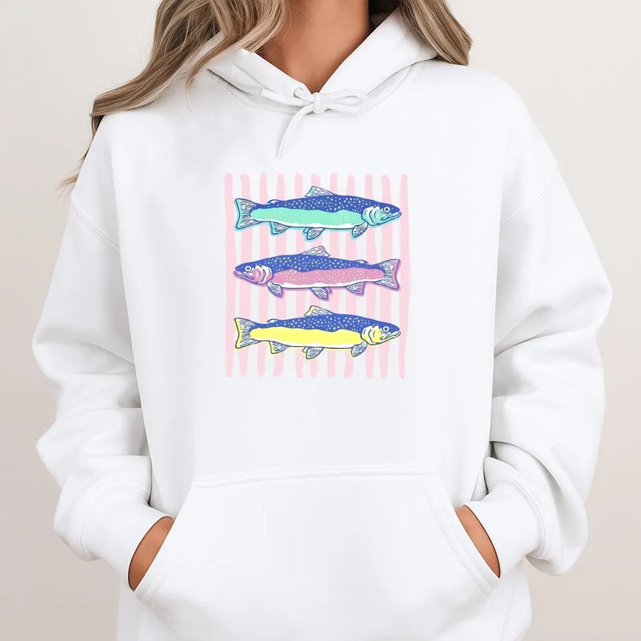 Striped Trout Hoodie | Preppy Fishing Crewneck with Colorful Fish Graphic | Cozy Cotton Blend | Trendy Angler Gift for Her