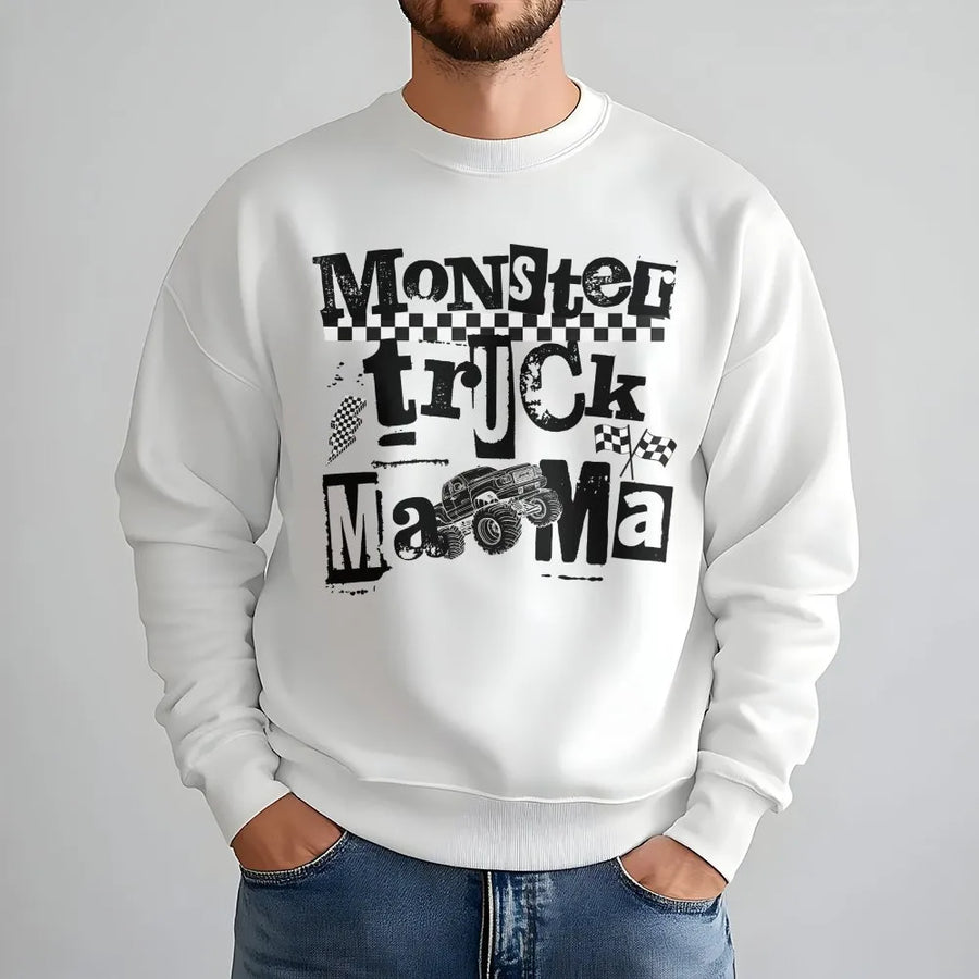 Monster Truck Mama Sweatshirt | Vintage Checkered Flag Racing Graphic | Premium Cotton Blend | Gift For Racing Moms And Motorsport Fans
