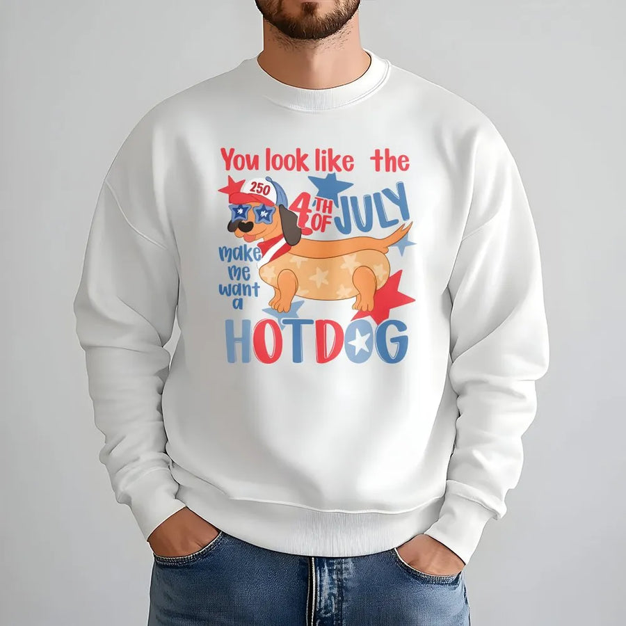 Funny 4th of July Sweatshirt | Patriotic Dachshund Hot Dog Pun Graphic | Soft Cotton-Poly Blend | Unisex Independence Day Gift for Dog Lovers