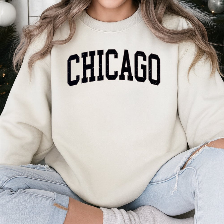 Chicago Sweatshirt | Distressed Varsity Letter Graphic | Cotton-Blend Comfort | Trendy Streetwear Gift for City Lovers