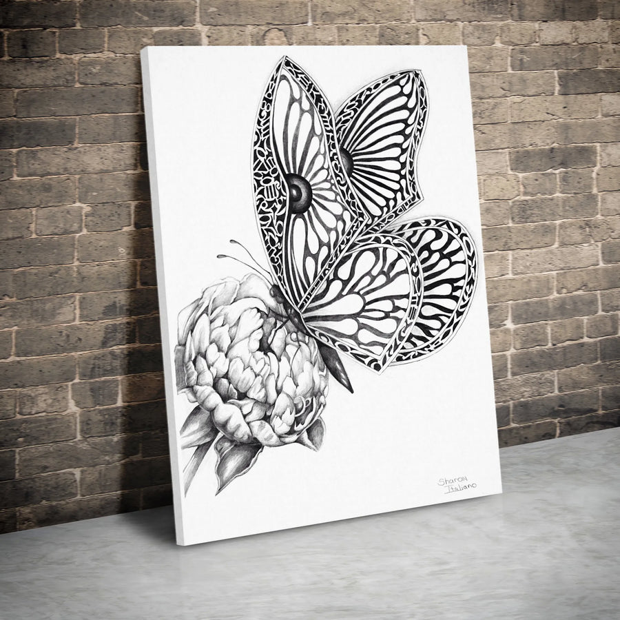 Butterfly and Peony Canvas Wall Art | Monochrome Sketch Print | Premium Gallery Wrapped Canvas | Modern Minimalist Home Decor Gift