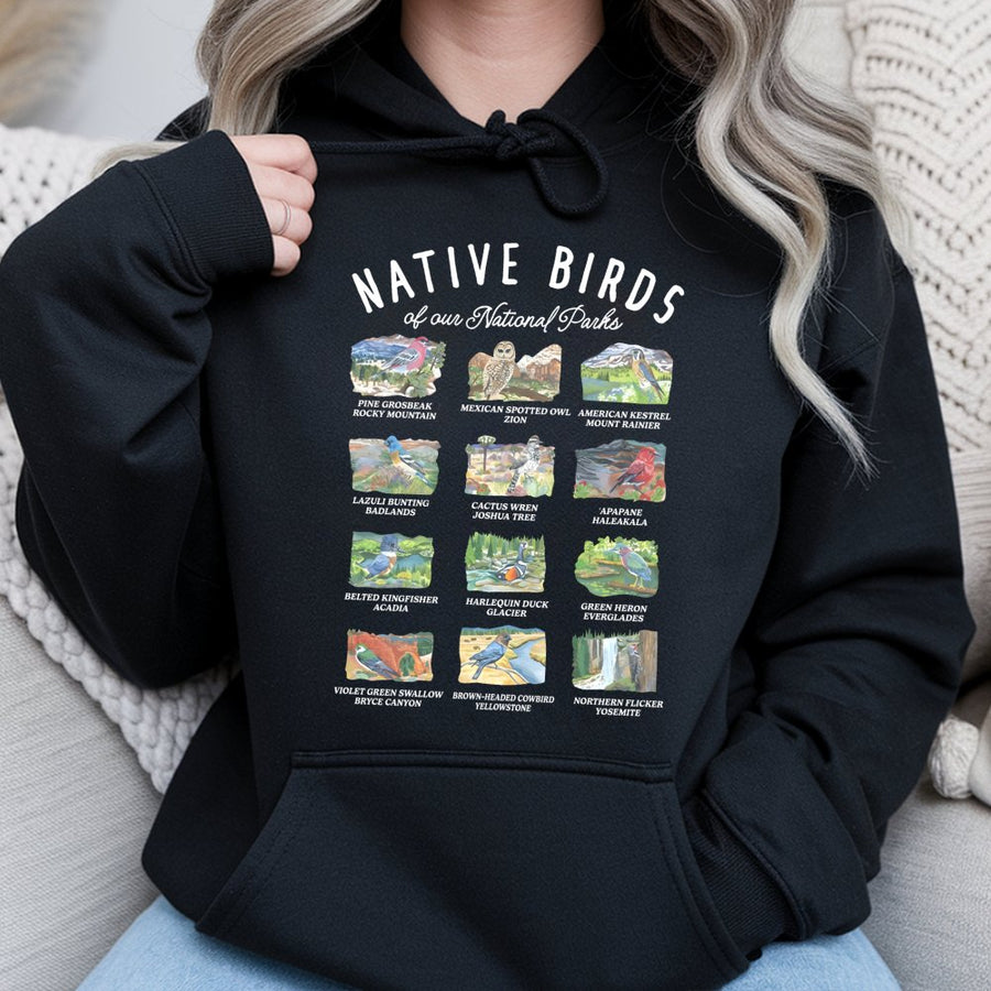 Native Birds of National Parks Hoodie | Illustrated Nature Wildlife Design | Premium Cotton Blend | Gift for Bird Watcher and Outdoors Lover