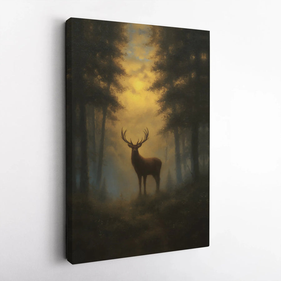 Stag Wall Art Canvas | Moody Misty Forest Wildlife Print | Premium 1.25-Inch Gallery Wrap | Rustic Nature Home Decor Gift