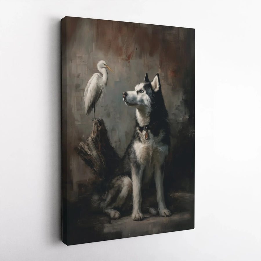 Siberian Husky and Egret Canvas Wall Art | Vintage Animal Portrait Painting | Premium 1.25" Thick Gallery Wrap | Unique Collector's Gift for Dog Lover
