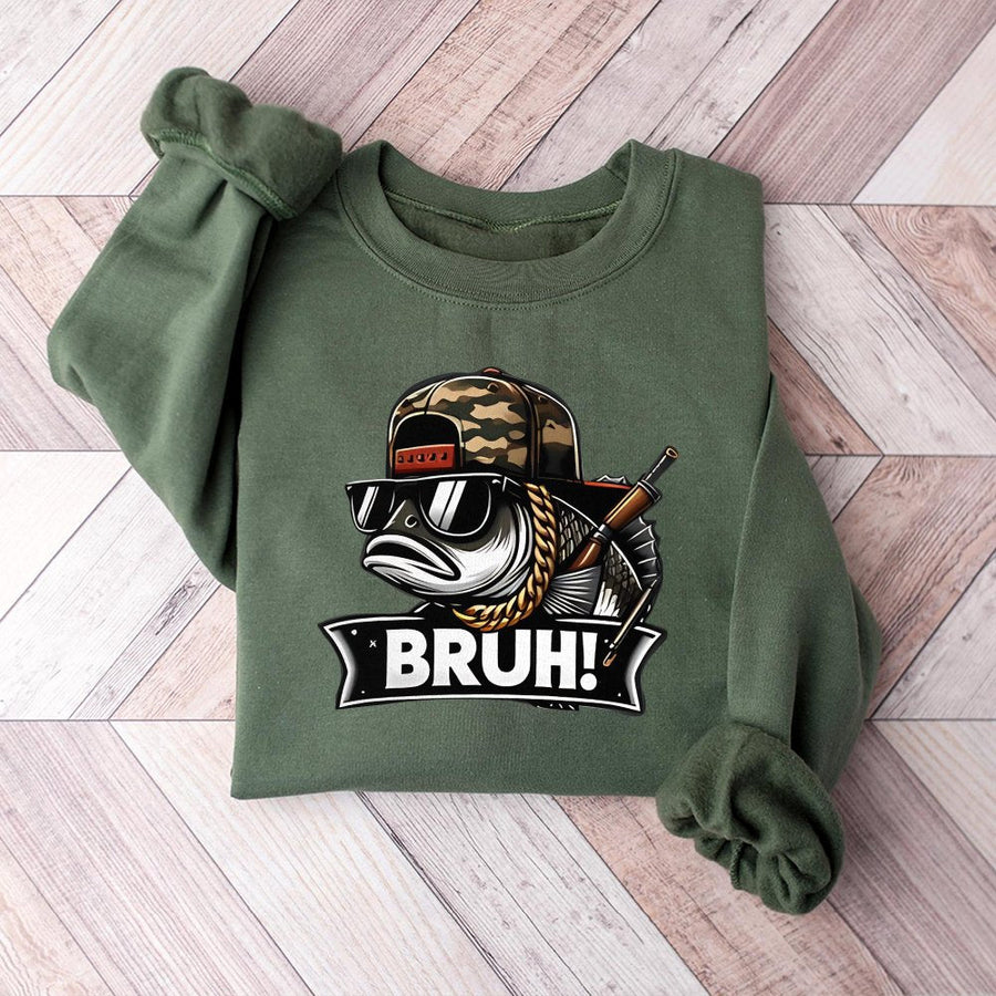 Cool Bass Fish Graphic Sweatshirt | Funny Bruh Fishing Streetwear | Soft Cotton Blend Unisex Pullover | Unique Fisherman Gift Idea