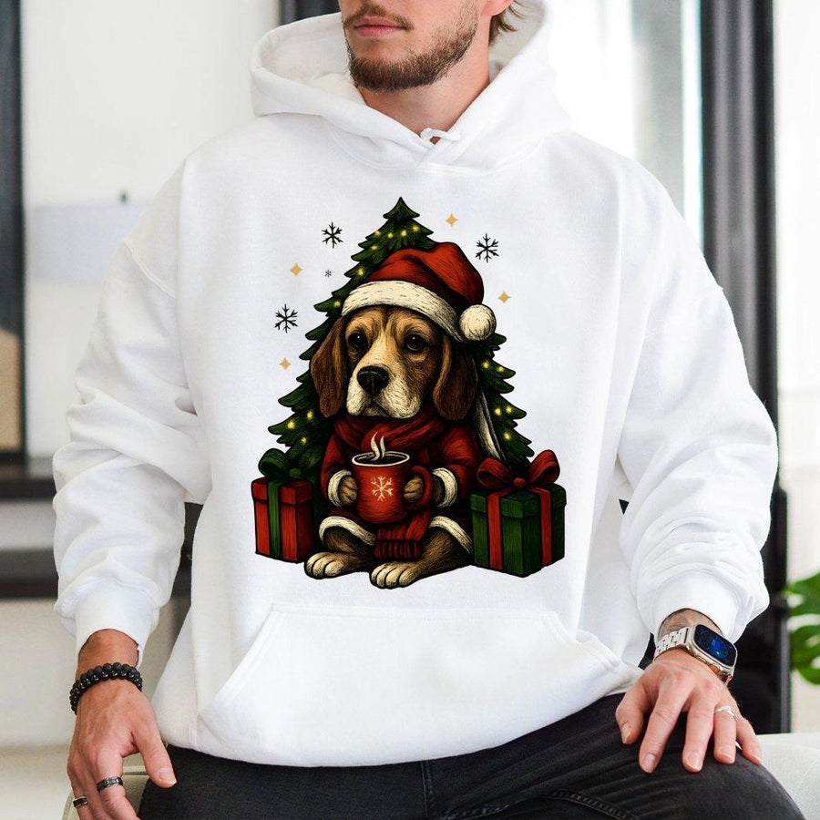 Beagle Christmas Hoodie | Cute Santa Hat Puppy Graphic | Premium Cotton Blend Pullover | Holiday Gift For Dog Lovers