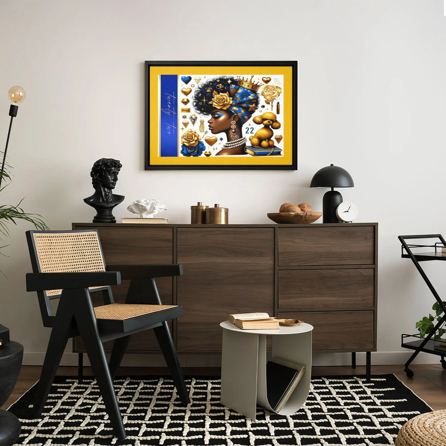 Black Queen Wall Art | Royal Blue and Gold Afrocentric Decor | Premium Stretched Canvas Print | Sorority Sister Birthday Gift Idea
