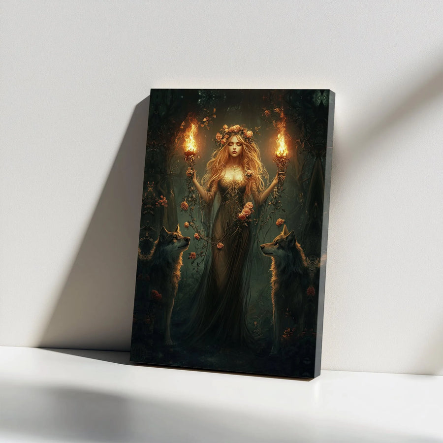 Goddess and Wolves Canvas Print | Dark Fantasy Forest Illustration | Premium Gallery Quality Canvas | Collector's Gift for Fantasy Art Lover