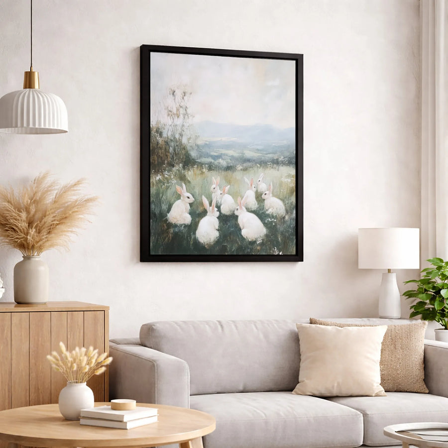 White Rabbit Meadow Canvas Wall Art | Impressionist Bunny Landscape Painting | Premium Gallery Wrapped Print | Cottagecore Aesthetic Home Decor Gift