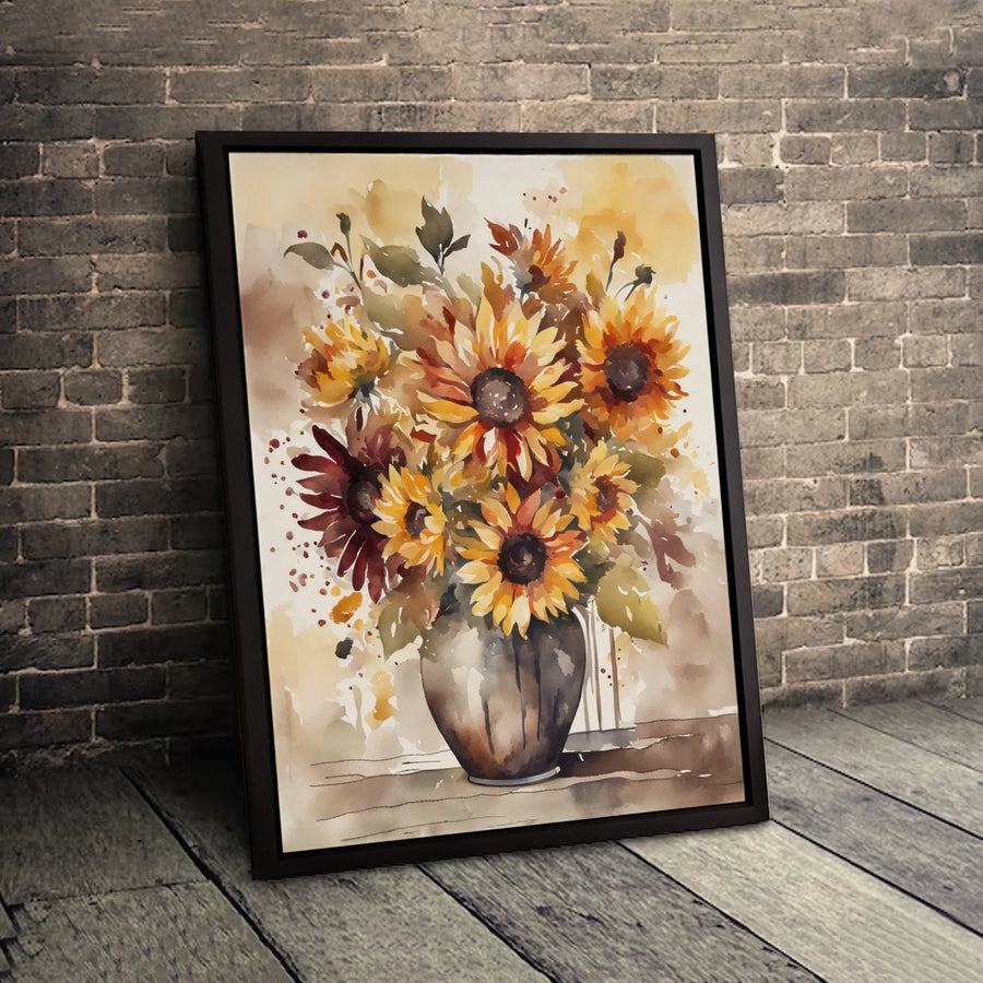 Watercolor Sunflower Bouquet Canvas | Rustic Floral Art Print in Vase | Premium Gallery-Wrapped Wall Decor | Farmhouse Living Room Gift Idea