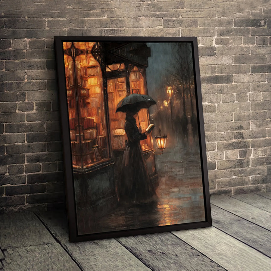 Rainy Night Bookshop Canvas Wall Art | Cozy Reading Woman Under Umbrella | Premium 1.25" Gallery Wrap | Aesthetic Home Office Decor Gift