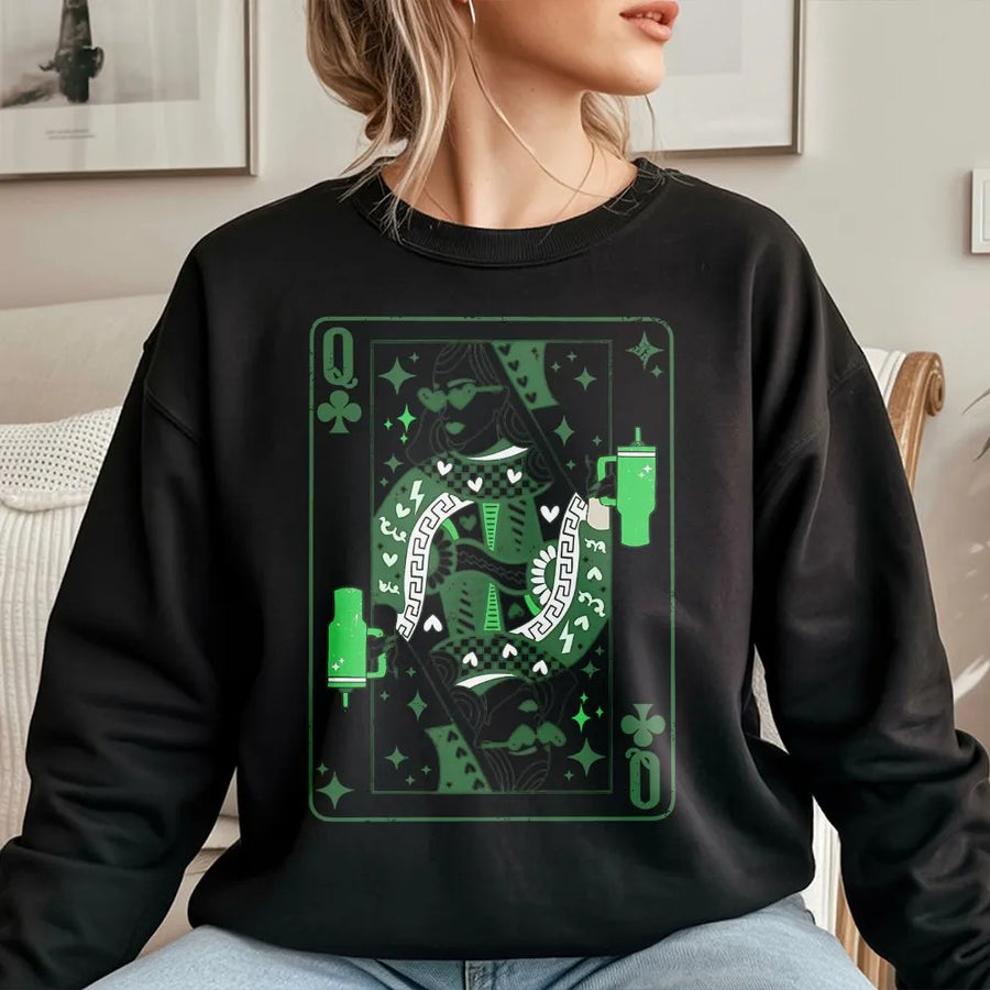 Queen Of Clubs St. Patricks Day Sweatshirt | Retro Playing Card Graphic | Premium Cotton Blend | Funny Irish Pub Crawl Gift For Her