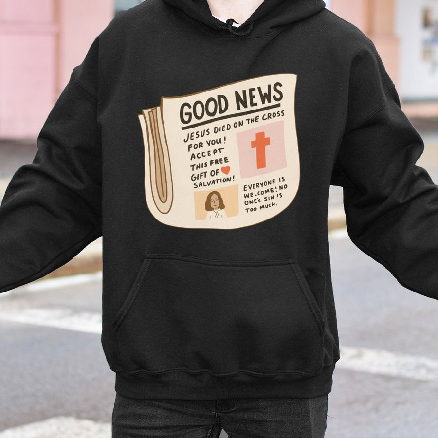 Good News Christian Hoodie | Jesus Died On The Cross Graphic | Premium Cotton Blend | Faith-Based Religious Apparel Gift For Men & Women