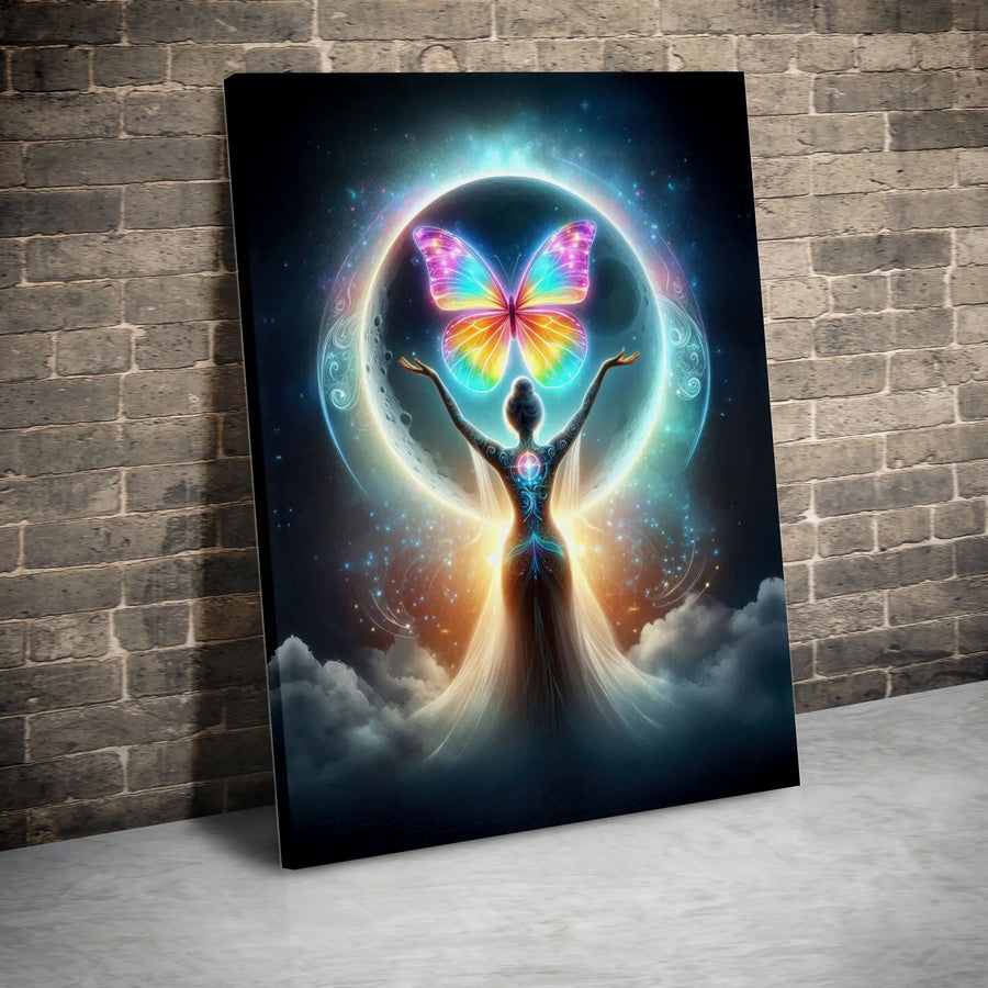 Spiritual Goddess Canvas Wall Art | Cosmic Rainbow Butterfly Moon Design | Premium 1.25-Inch Gallery Wrap | Bohemian Home Decor Gift