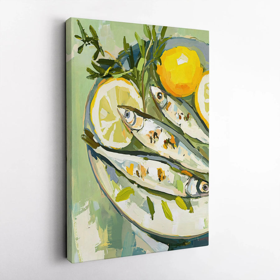 Sardines Still Life Canvas Wall Art | Impressionist Lemon and Herb Kitchen Decor | Premium 1.25" Gallery Wrap | Mediterranean Foodie Gift