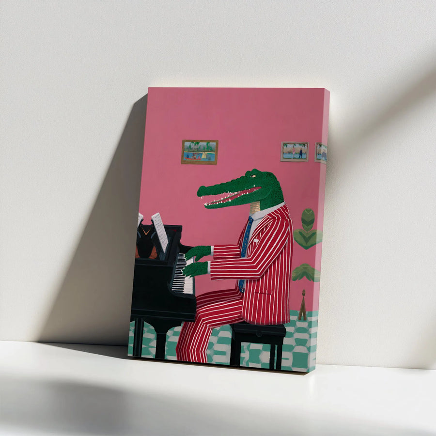 Crocodile Piano Player Canvas Art | Whimsical Animal Musician Print | Gallery Wrapped Premium Decor | Funny Jazz Music Lover Gift