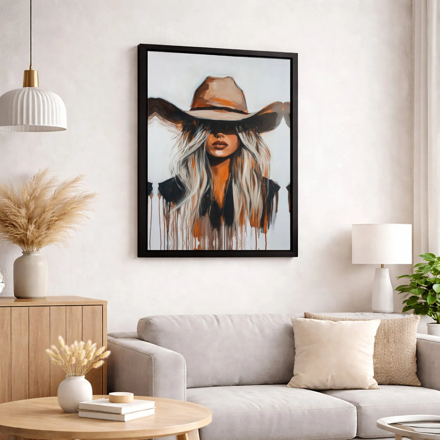 Western Cowgirl Canvas Wall Art | Abstract Blonde Woman in Cowboy Hat | Premium Gallery-Wrapped Print | Boho Country Home Decor Gift