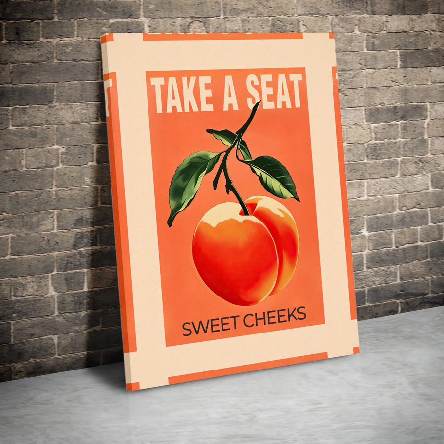 Take A Seat Sweet Cheeks Wall Art | Retro Peach Fruit Print | Premium Gallery Wrapped Canvas | Funny Bathroom Decor for Home or Office