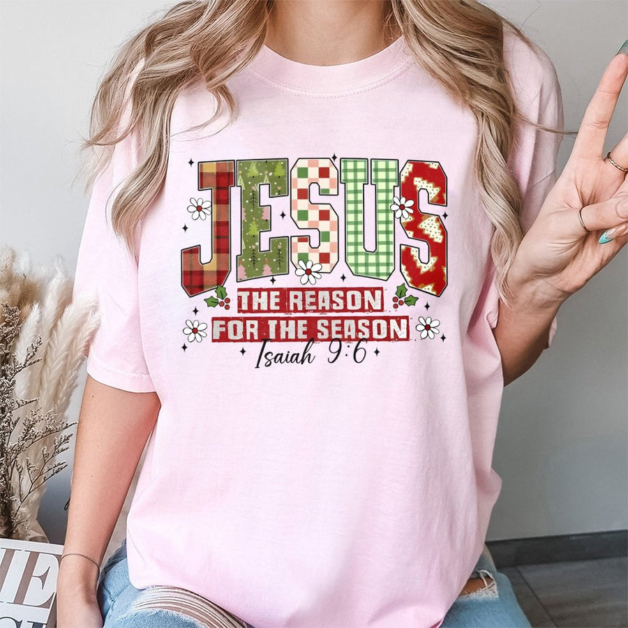 Jesus Is The Reason For The Season T-Shirt | Plaid Christmas Faith Graphic | 100% Premium Cotton Tee | Christian Holiday Religious Gift