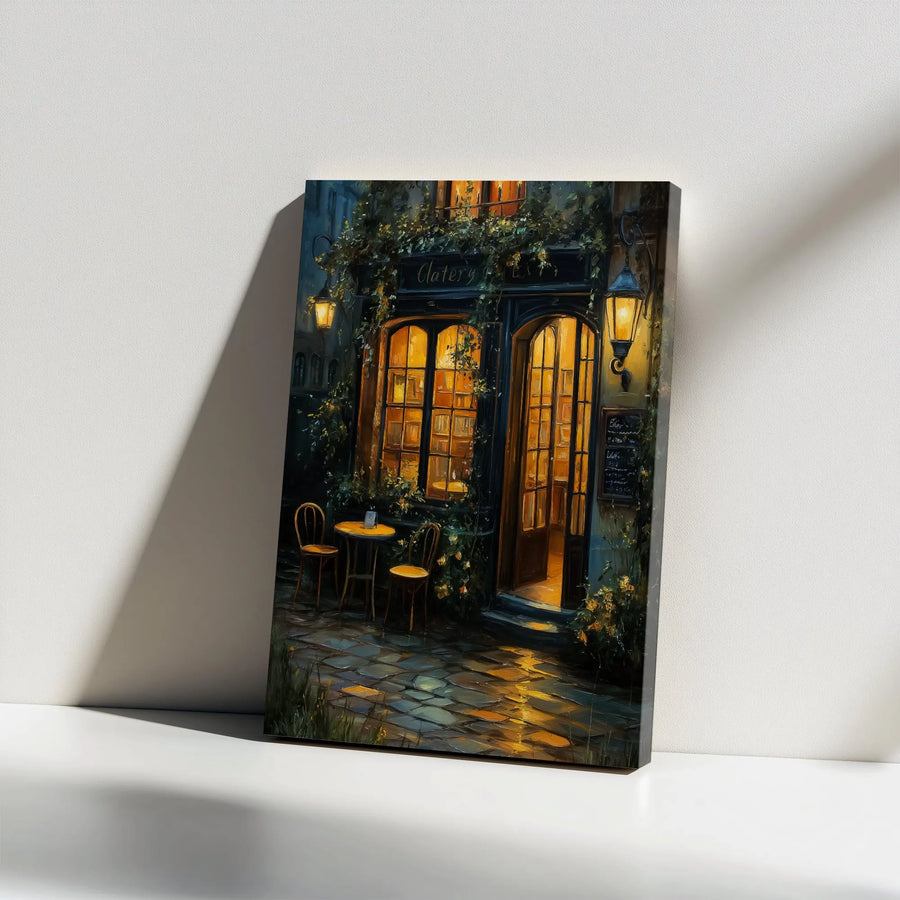 Parisian Cafe Canvas Print | Romantic European Street Scene at Night | Gallery Quality Wall Art | Cozy Home Decor Gift for Book Lovers