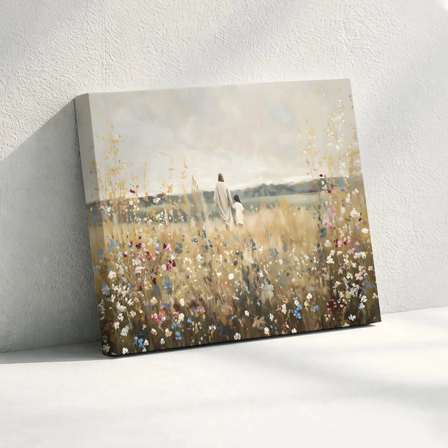 Jesus Walking With Child Canvas Print | Wildflower Meadow Religious Wall Art | Premium Fade-Resistant Gallery Wrap | Faithful Home Decor Gift