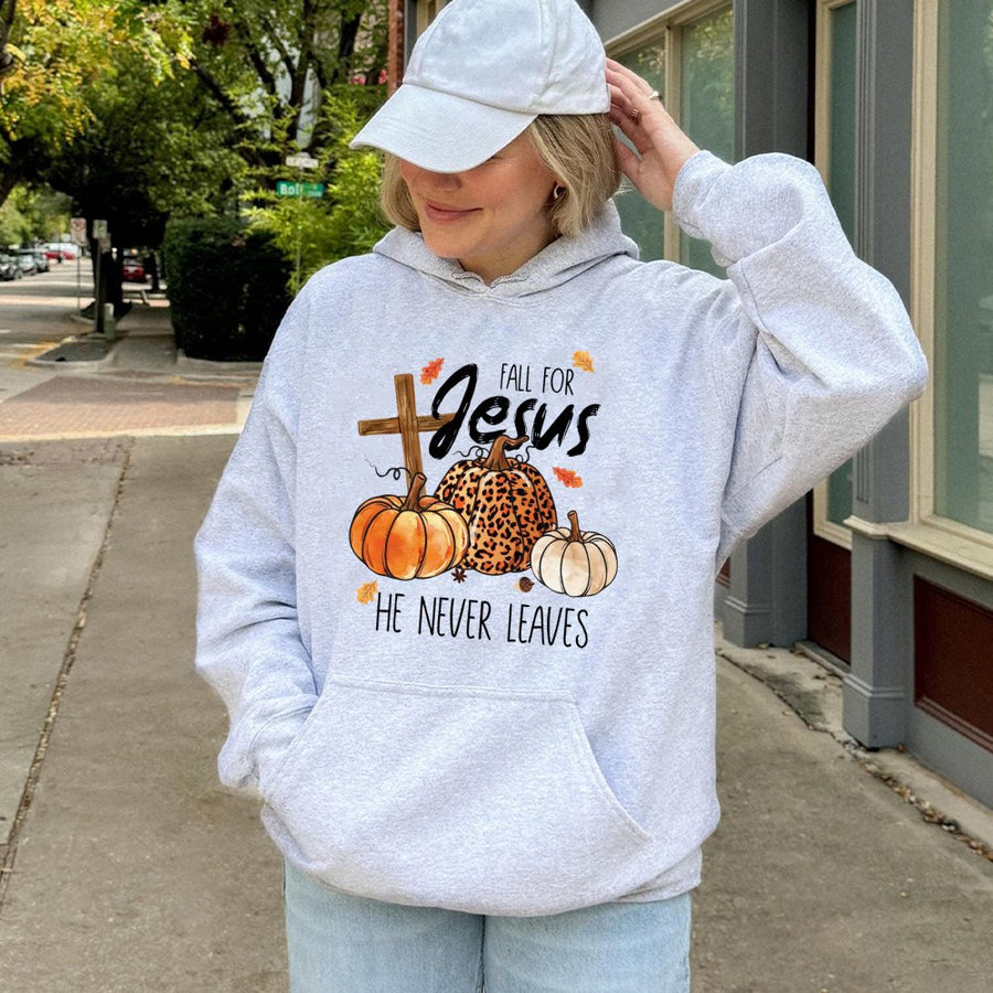 Fall For Jesus Hoodie | Christian Autumn Pumpkin Cross Design | Premium Cotton Blend Sweatshirt | Religious Faith Gift For Women And Men
