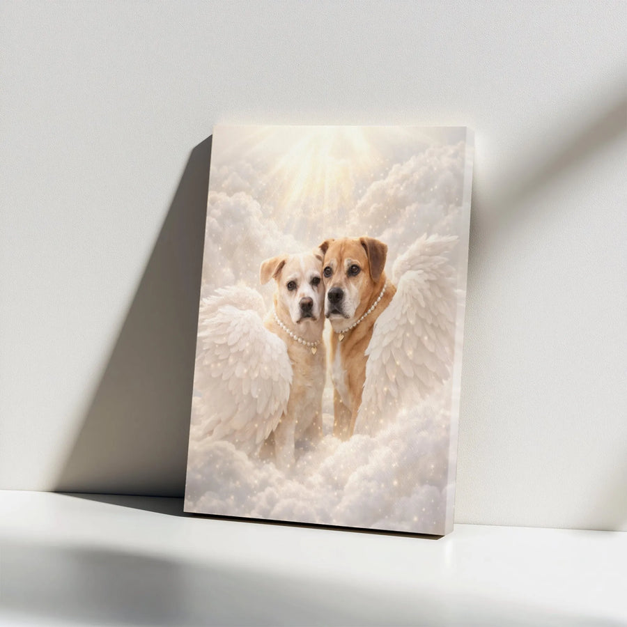 Dog Memorial Canvas Print | Two Dogs with Angel Wings in Heaven | Premium Gallery Wrapped Art | Pet Loss Sympathy Gift for Dog Owner