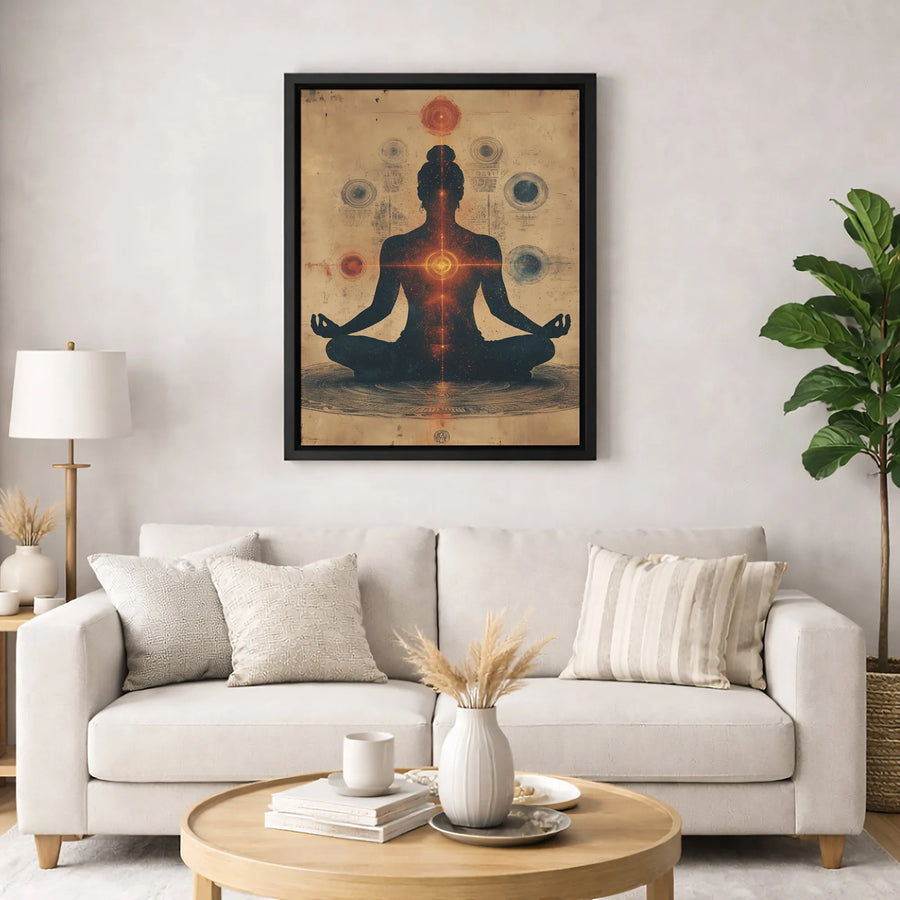 Spiritual Meditation Canvas Wall Art | Glowing Chakra Silhouette Design | Premium Fade-Resistant Gallery Wrap | Yoga Studio & Home Decor Gift
