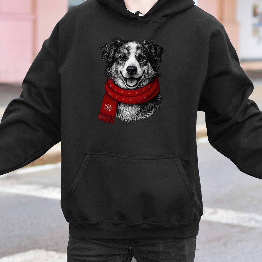 Christmas Dog Hoodie | Cute Puppy Wearing Red Winter Scarf | Premium Cotton Blend Pullover | Festive Holiday Gift for Dog Lovers
