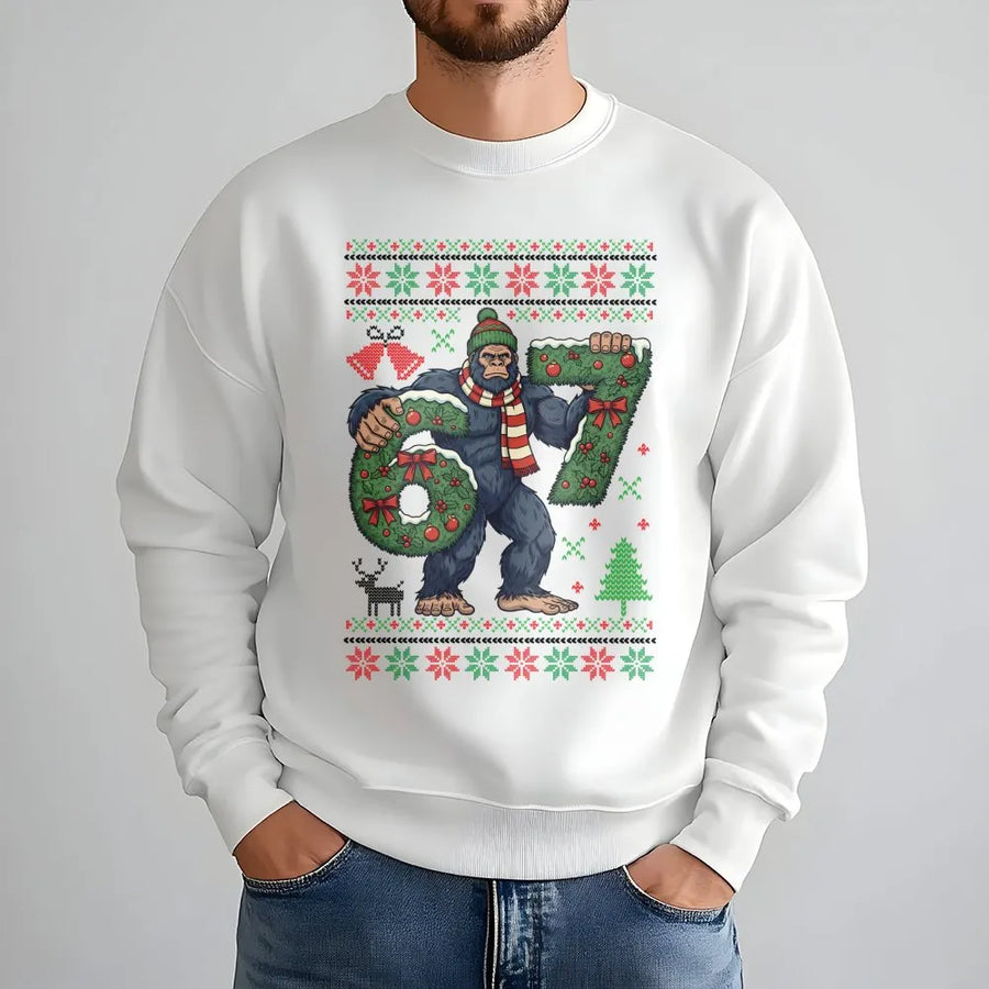 Bigfoot 67 Christmas Sweatshirt | Funny Sasquatch Ugly Sweater Pattern | Premium Cotton Blend Crewneck | Unisex Holiday Birthday Gift