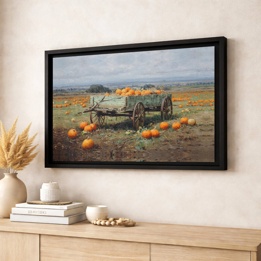 Pumpkin Patch Canvas Wall Art | Vintage Farm Wagon Harvest Painting | Premium Fade-Resistant Gallery Wrap | Fall Home Decor For Living Room