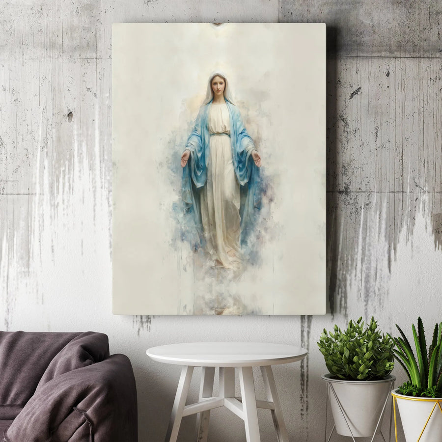Virgin Mary Wall Art | Watercolor Religious Canvas Print | 1.25" Premium Gallery Wrap | Spiritual Home Decor Gift