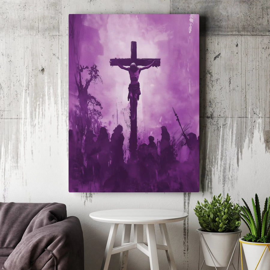 Crucifixion Canvas Wall Art | Dramatic Purple Toned Scene | Premium Gallery Wrapped Canvas | Spiritual Home Decor Gift