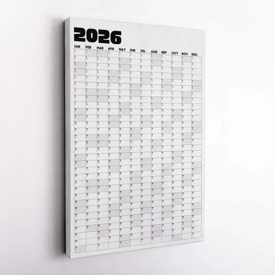 2026 Yearly Calendar Canvas Print | Minimalist Black and White Wall Art | Premium Gallery-Wrapped Canvas | Modern Home and Office Decor Organizer
