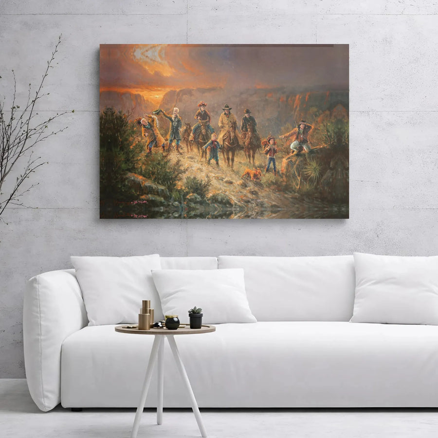 Western Canvas Wall Art | Pioneer Cowboy Canyon Painting | Premium Gallery Wrapped Decor | Rustic Home Office Gift