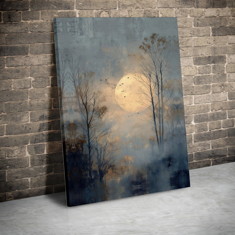 Misty Forest Moon Canvas Art | Vintage Full Moon Landscape Print | Fade-Resistant Gallery Canvas | Modern Farmhouse Decor Gift
