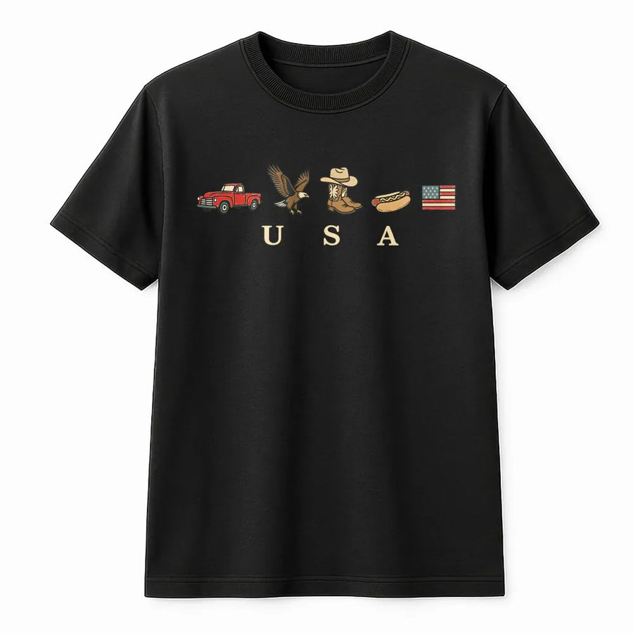 Patriotic USA T-Shirt | Vintage Americana Icons Graphic | Soft Cotton Blend Fleece | Unisex American Country Style Patriotic Gift