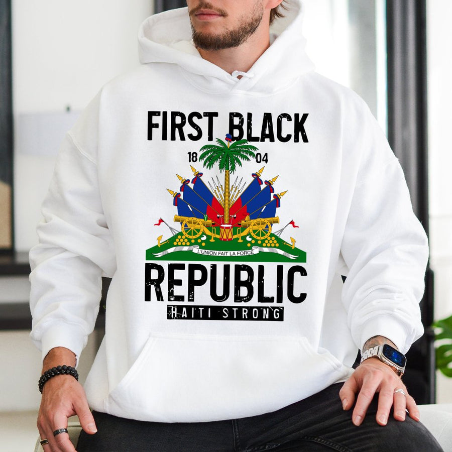 First Black Republic Haiti Hoodie | Haitian Flag Coat of Arms Design | Premium Cotton-Blend Pullover | Haitian Pride Heritage Gift for Men and Women