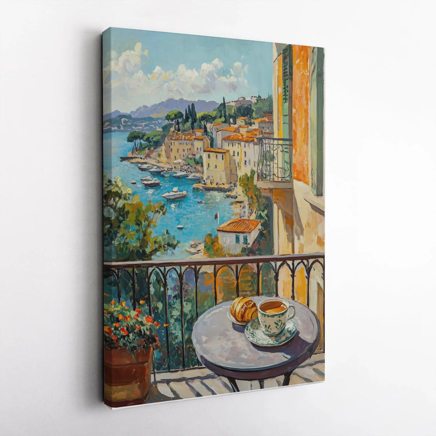 Italian Riviera Canvas Print | Coastal Amalfi Balcony View with Coffee | Gallery-Wrapped Premium Wall Art | Mediterranean Home Decor Gift