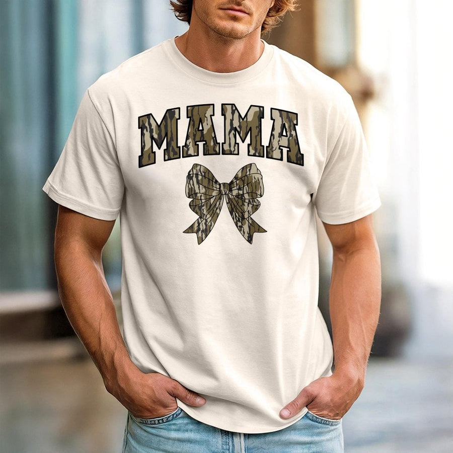 Mama T-Shirt | Camo Coquette Bow Graphic Tee | 100% Premium Cotton | Cute Mother's Day 2026 Gift for Mom